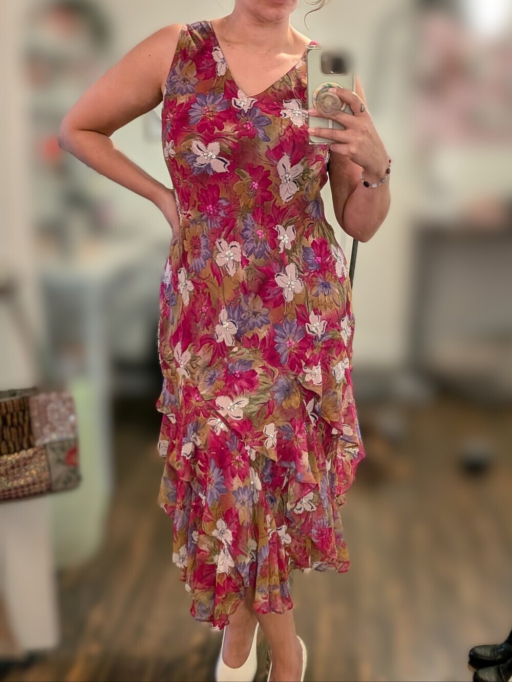 Floral Ruffled V-Neck Midi Dress in Fuchsia - Picture 3 of 11